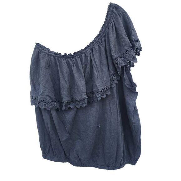 American Rag Cie Women Top BLACK One Shoulder Ruffle Crochet Blouson Plus 2X New - Picture 3 of 6